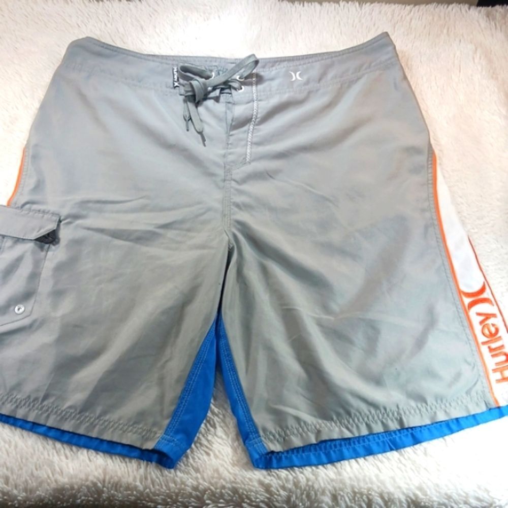 Hurley Board Shorts Mens 38 Gray Front Blue Back 1 Pocket Orange White Accents.. - Picture 5 of 9